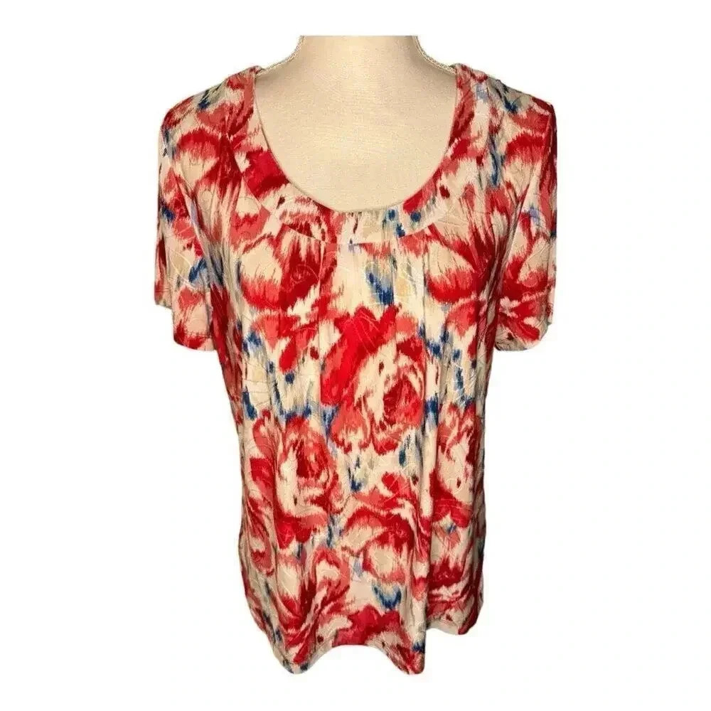 JM CollectionāPetite Large Scoop Neck Soft Flowy Watercolorā Floral Print Top